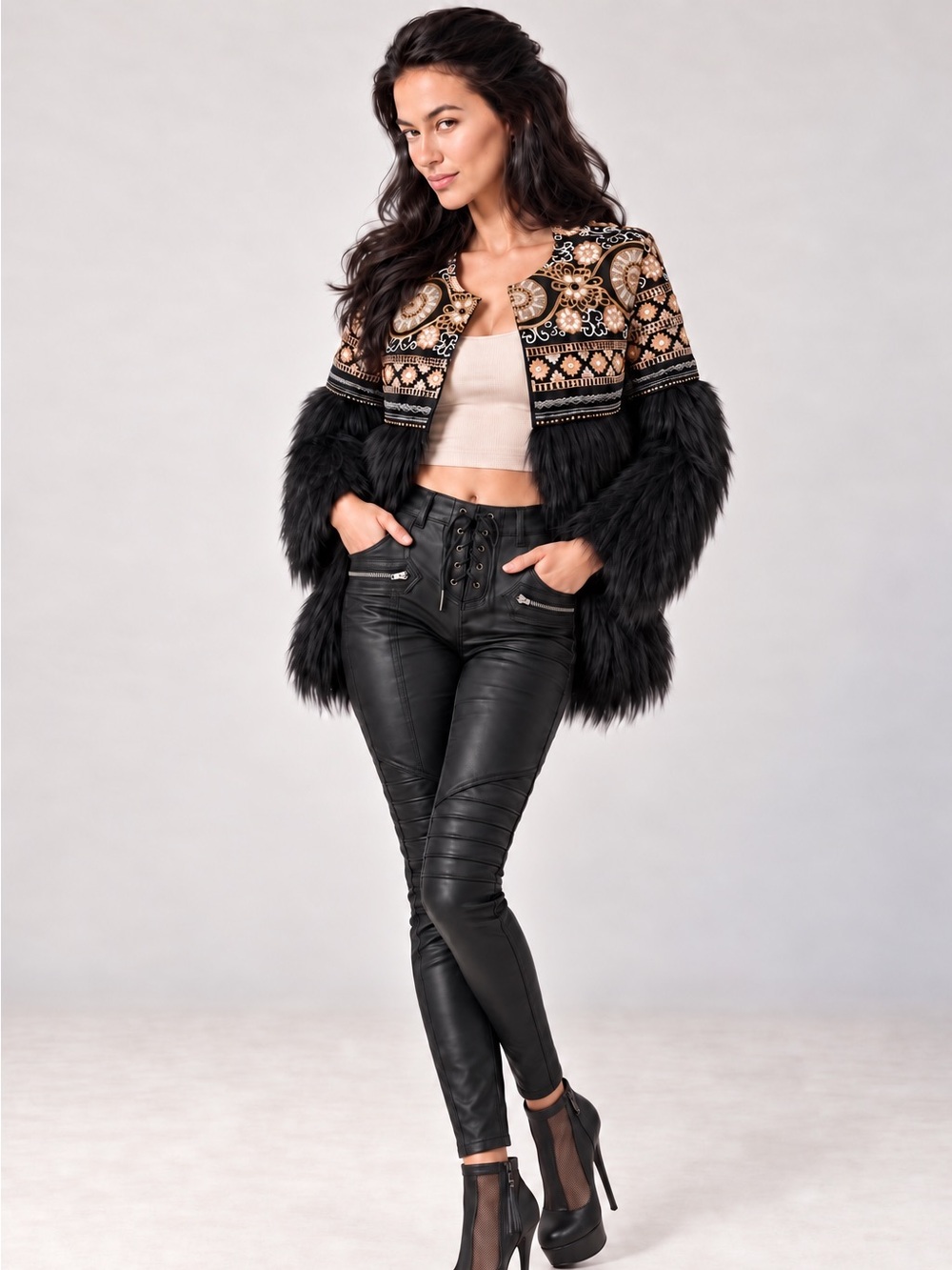Embellished Faux Fur Trim Jacket - Black & Tan